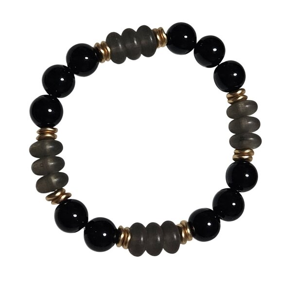 Elegant Handmade Black Gray Beaded Stretch Bracelet Classic Fashion Jewelry - Picture 1 of 3